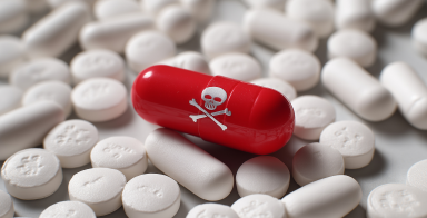 A pile of white pills with a red capsule in the centre. On the capsule is a skull and crossbones.