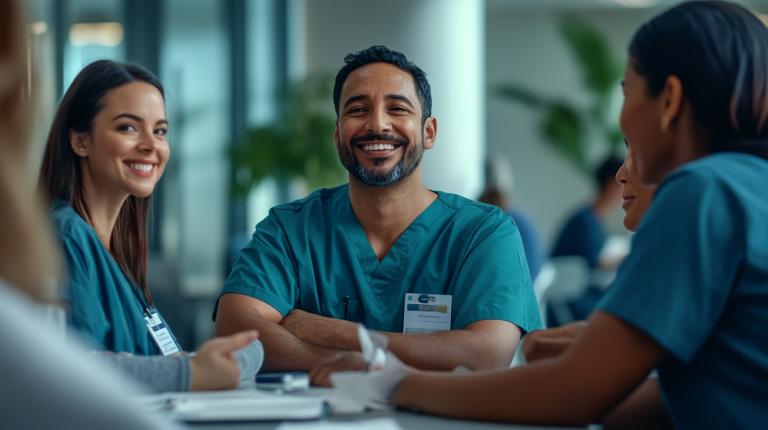 Healthcare workers sit together and smile.
