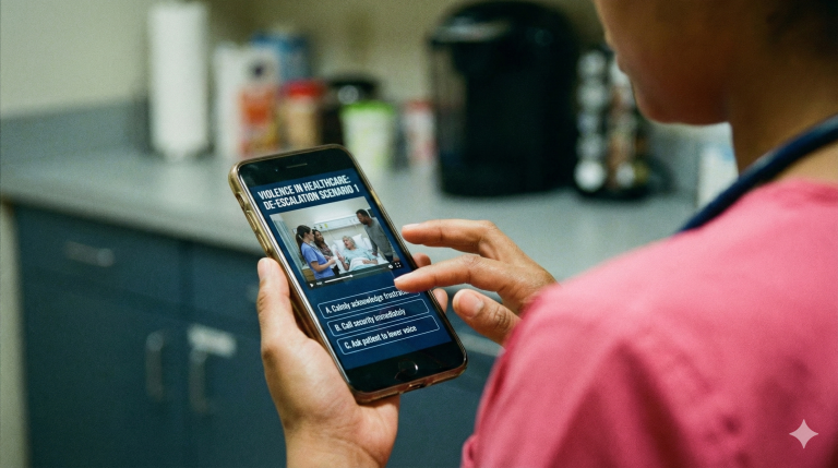An over-the-shoulder view of a healthcare worker wearing pink scrubs holding a smartphone. The phone screen displays an interactive training module titled "VIOLENCE IN HEALTHCARE: DE-ESCALATION SCENARIO 1." Below a video freeze-frame of a hospital interaction, the worker is tapping on a list of multiple-choice response options (A, B, and C). The background shows a blurred clinical setting with cabinets and supplies.